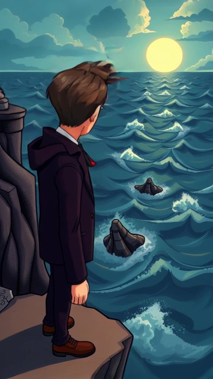 Subject: A man standing at the edge of a cliff. Subject movement: He gazes contemplatively at the stormy sea, with the wind tousling his hair and clothes. Scene: A dramatic cliffside overlooking turbulent waves crashing below amidst dark storm clouds. Style: Moody, atmospheric lighting with flashes of lightning illuminating the storm. Motion: Camera starts with a close-up of the man’s reflective expression, then pulls back dramatically to reveal the vast, chaotic ocean as waves crash against the rocks.