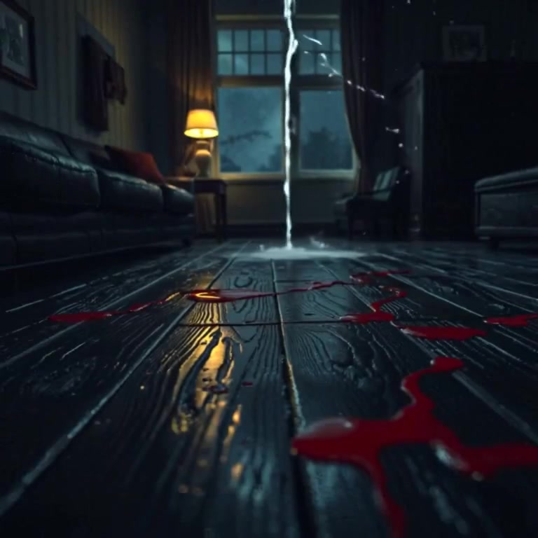 Water gently drips from the ceiling, causing the wooden floorboards to creak softly with each drop.