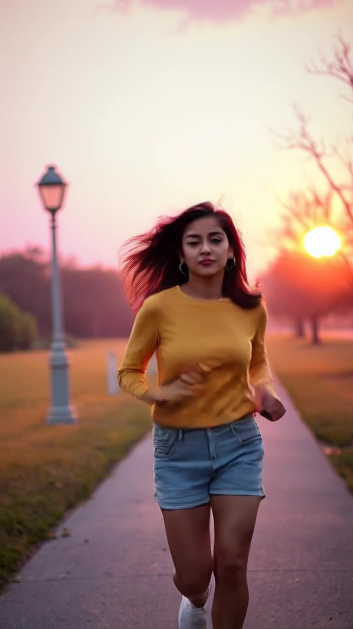 Subject: A person jogging along a winding path through a park. Subject movement: The jogger strides forward energetically, arms pumping in rhythm with each step. Scene: Early morning park setting illuminated by the soft glow of the rising sun in the background, vibrant greenery surrounds the path. Lighting: Warm, golden morning light filtering through the trees creates a serene atmosphere. Motion: The camera tracks smoothly alongside the jogger, capturing their dynamic movement while showcasing the tranquil beauty of the waking park.