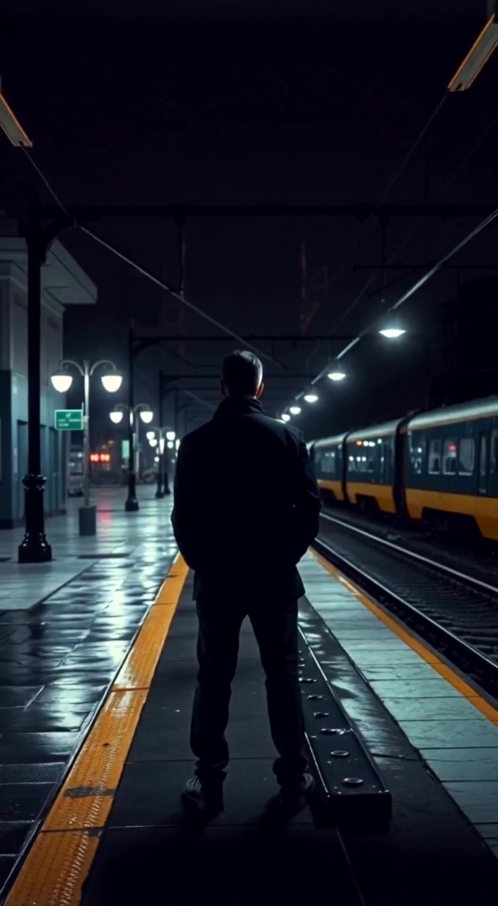 The man gazes intently at the dark tracks, shadows dancing under the dim lights of the empty railway station.