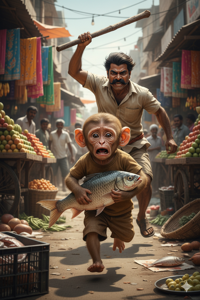 Monkey Steals Fish Out of Hunger