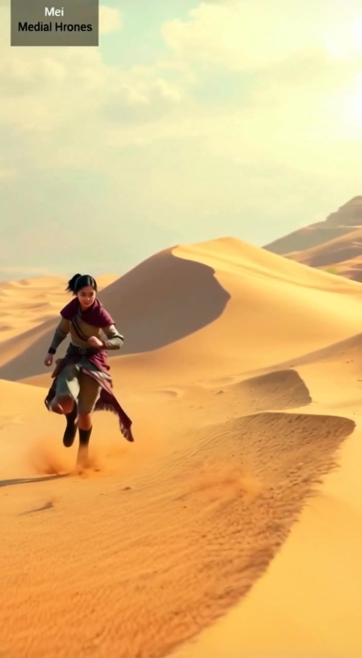 A figure runs swiftly across sand dunes under a bright sun, grains flying gently with each step.