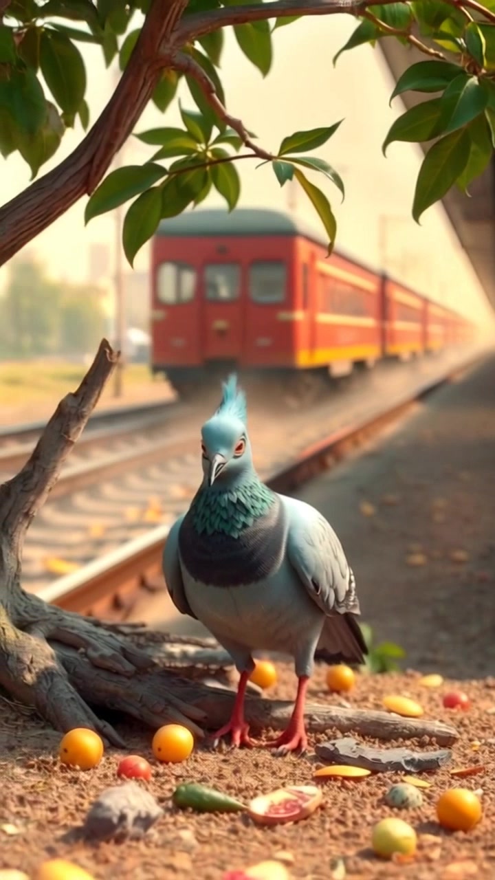 A tree with a broken branch, fallen fruit scattered on the ground, and Pigeon perched nearby.