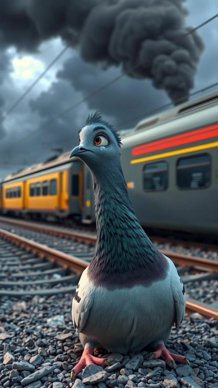 Pigeon sitting on the ground, looking up with tears in its eyes, dark clouds in the background.