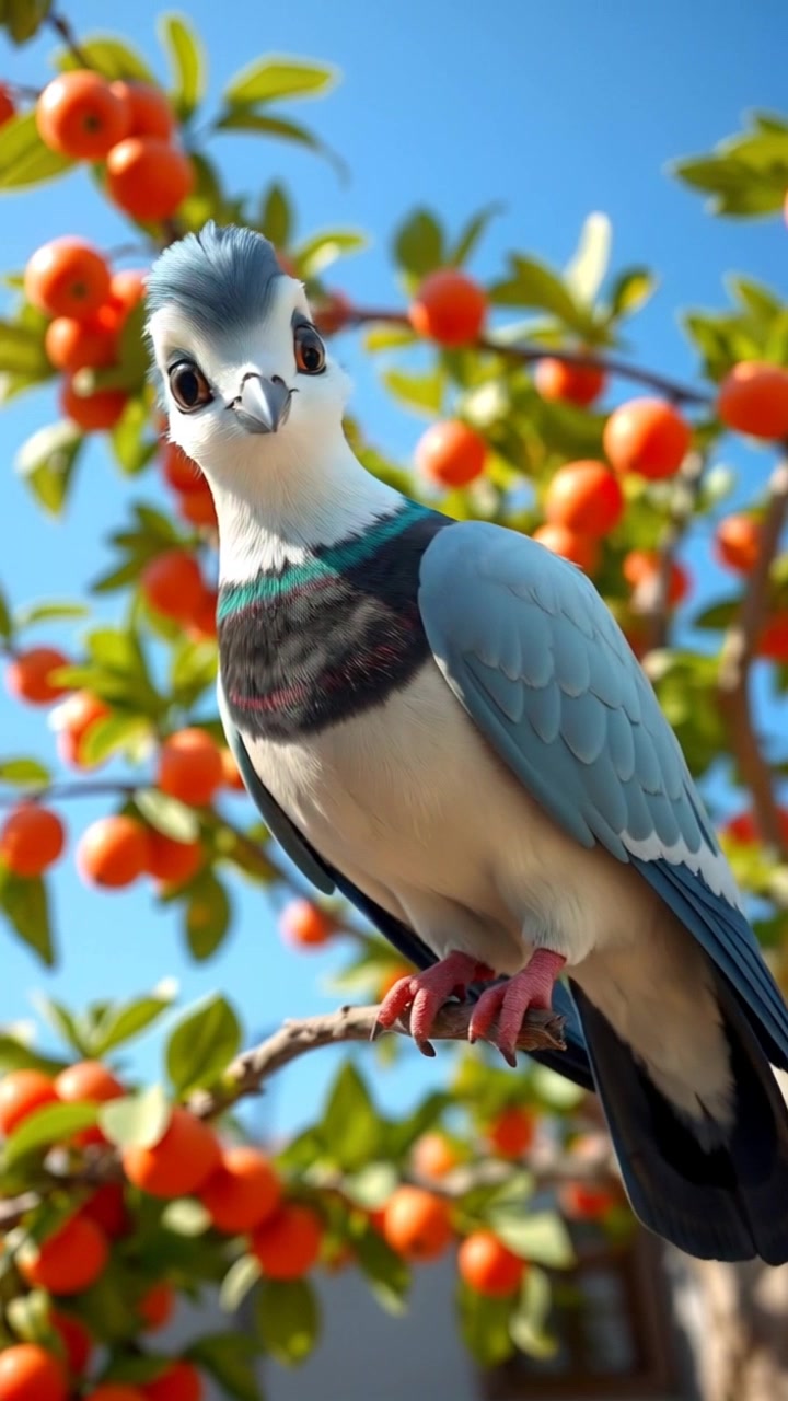 Pigeon perched on a branch, looking joyful, with a bright blue sky in the background.