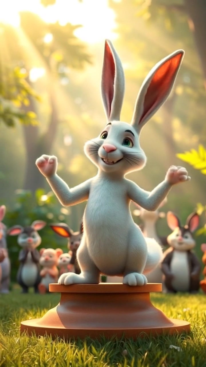 Tappu stands on a podium in a grassy field, surrounded by other animals applauding him.