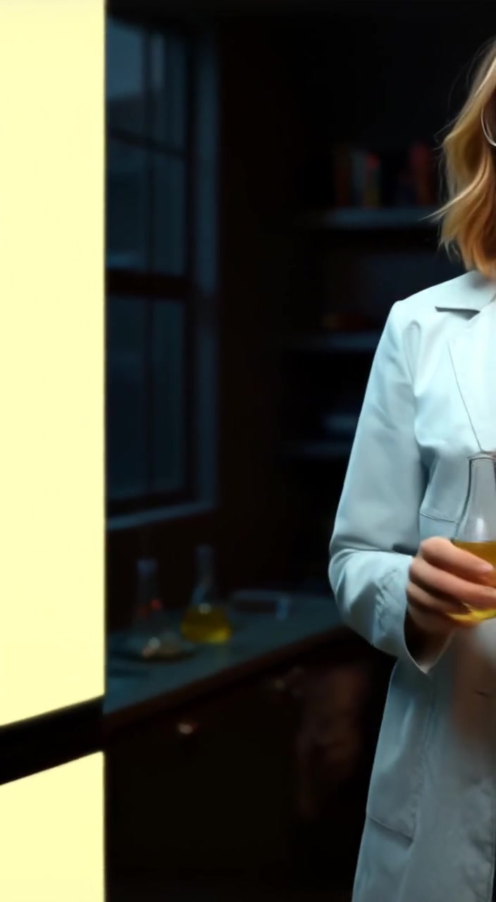The woman gazes thoughtfully at a beaker, gentle light illuminating the surrounding books and lab equipment.