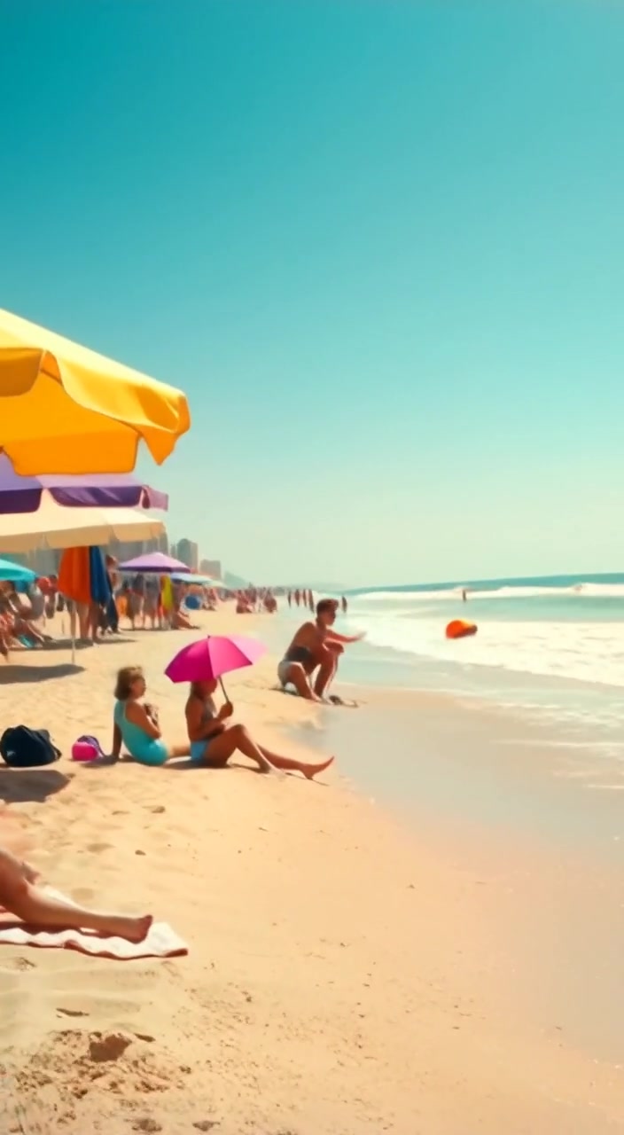 Waves gently crash on the shore as colorful beach umbrellas sway in the warm, sunny breeze.