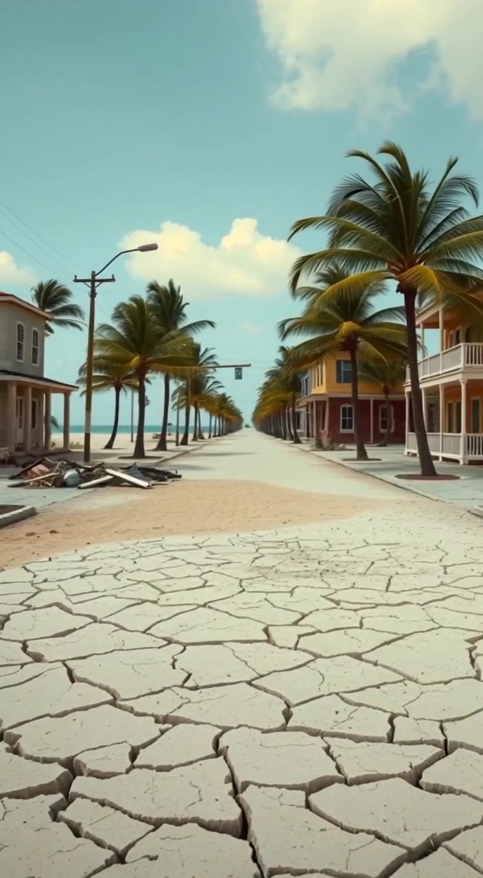 Gentle waves wash over a deserted street, as palm trees sway softly in the breeze after the storm.