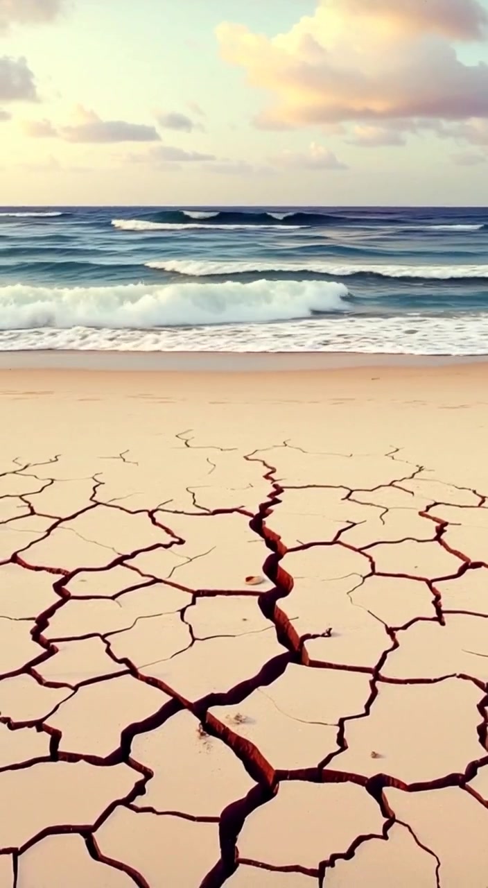 Ocean waves gently crash against the sandy beach, creating a rhythmic sound as seagulls glide overhead in the distance.