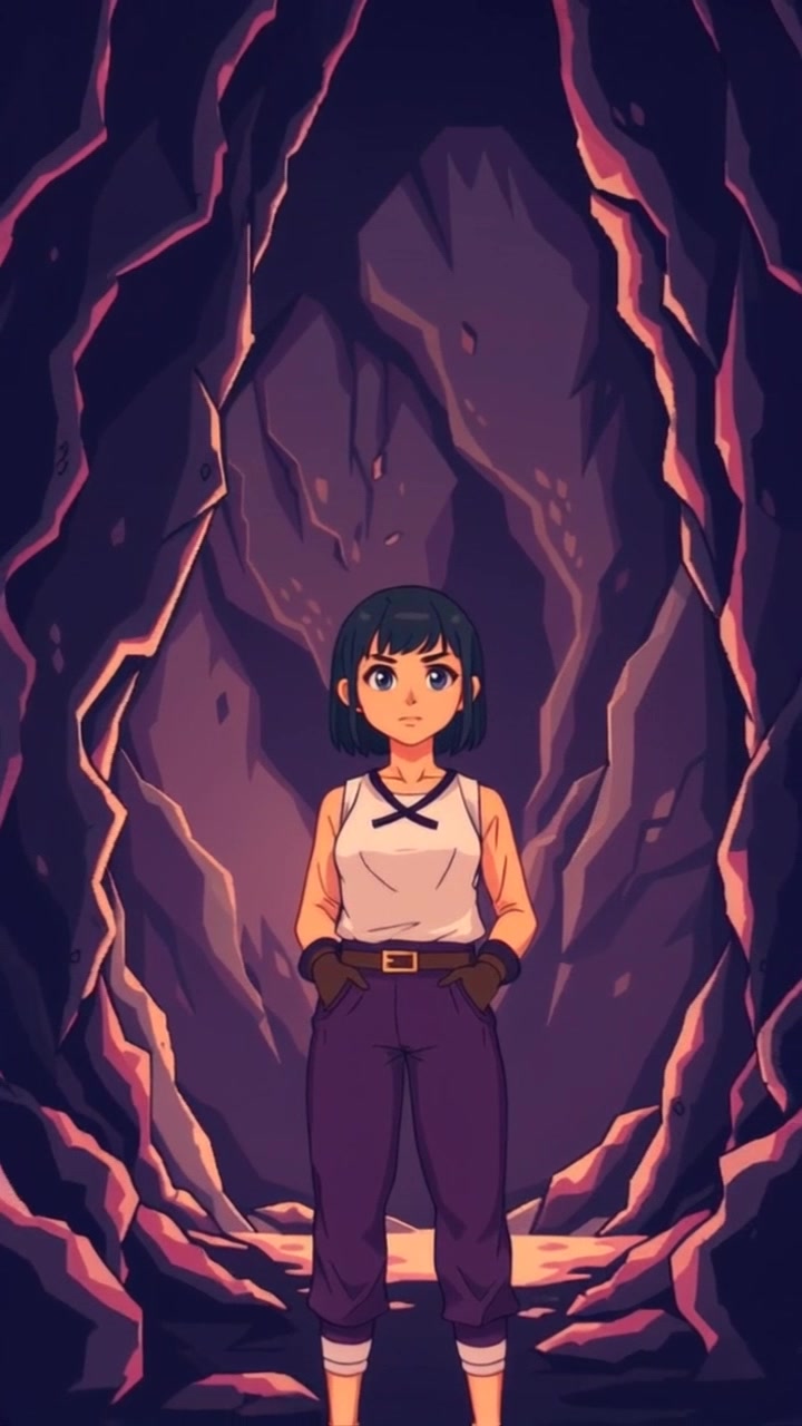 Subject: A determined figure standing confidently at the entrance of a cave, shadows cast on the rocky walls. Subject movement: The figure takes a bold step forward, breaking through the light towards the darker depths of the cave. Scene: Dark, rugged cave entrance with a hint of sunlight illuminating the entrance, surrounded by jagged rock formations. Lighting: Dramatic shadows highlight the textures of the rocks, with a stark contrast between light and dark. Motion: Camera pushes in dynamically as the figure steps forward, creating a sense of anticipation and adventure.