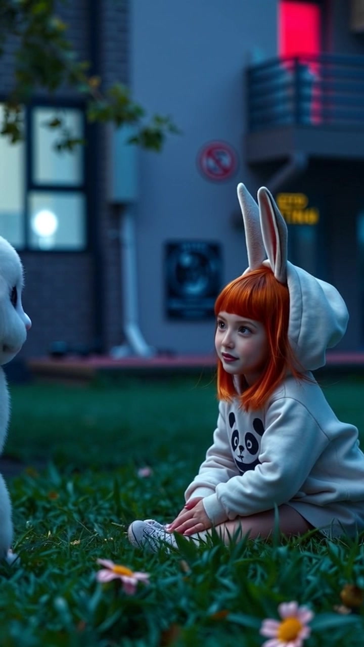The rabbit looking towards a small child in a panda hoodie, sitting on the grass.