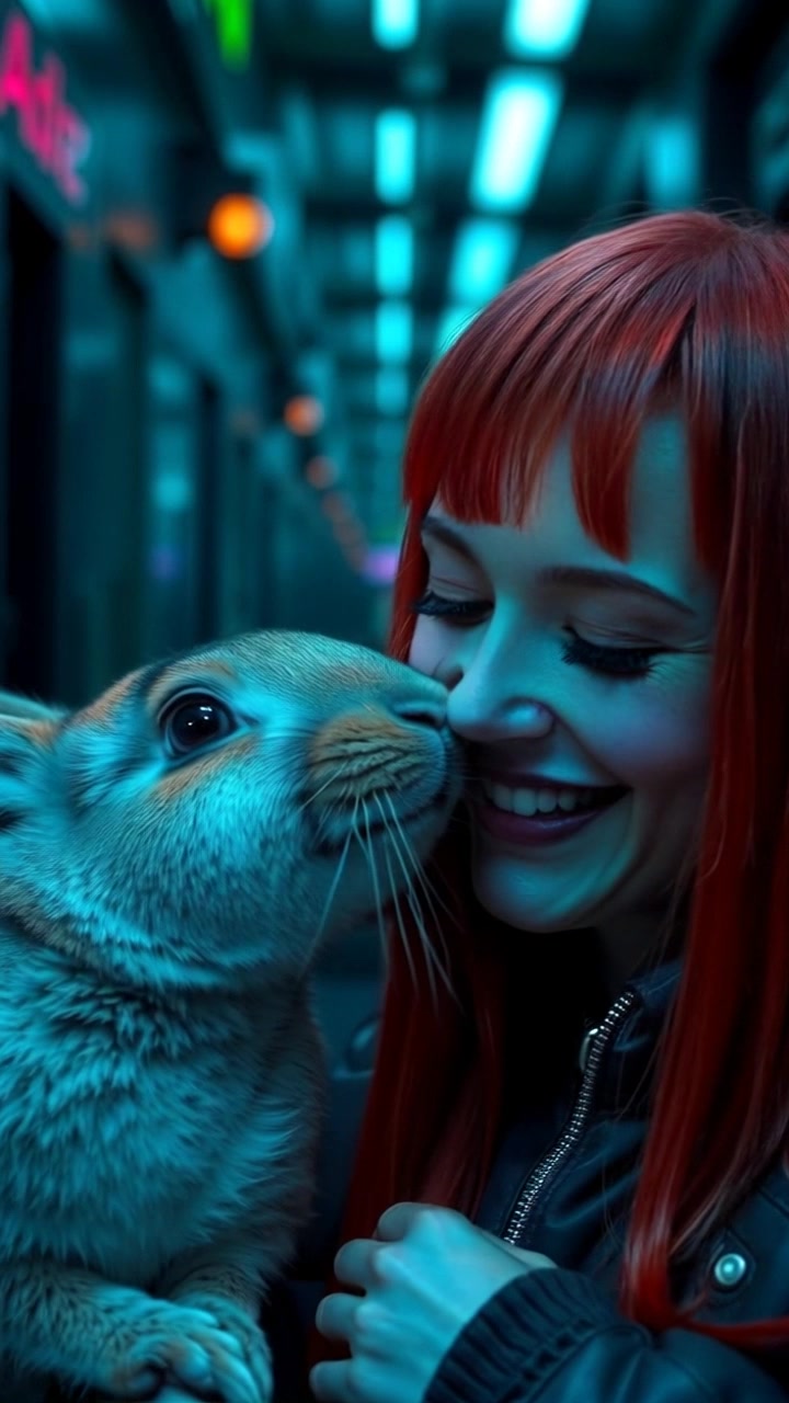 The rabbit gently booping the baby's nose with his own, both smiling happily.