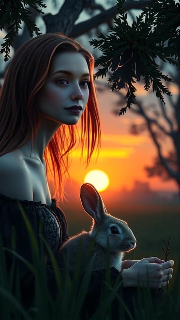 A sunset over the meadow, casting warm hues, with the rabbit and child sitting under a tree.