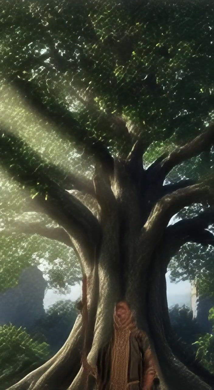 Okomfo Anokye standing at the foot of the silk-cotton tree, holding a staff and looking up.