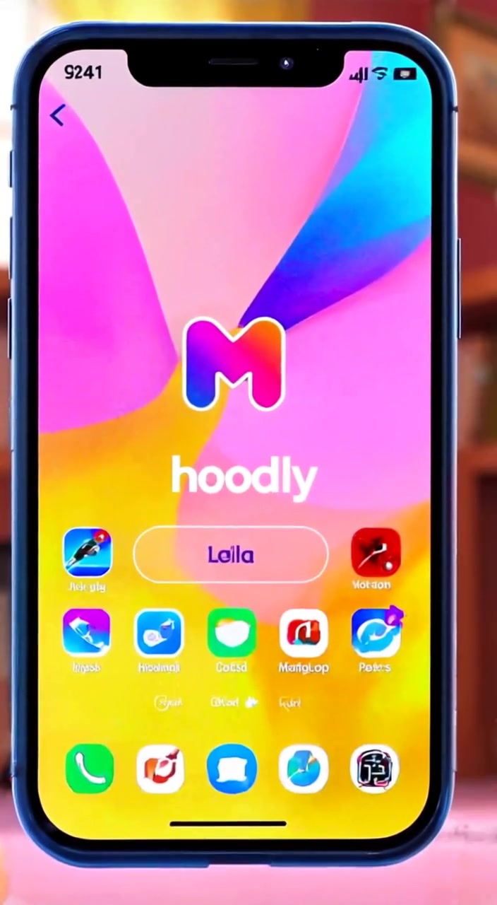 A hand gently reaches toward a smartphone displaying the Hoodly app, colors reflecting in the light.