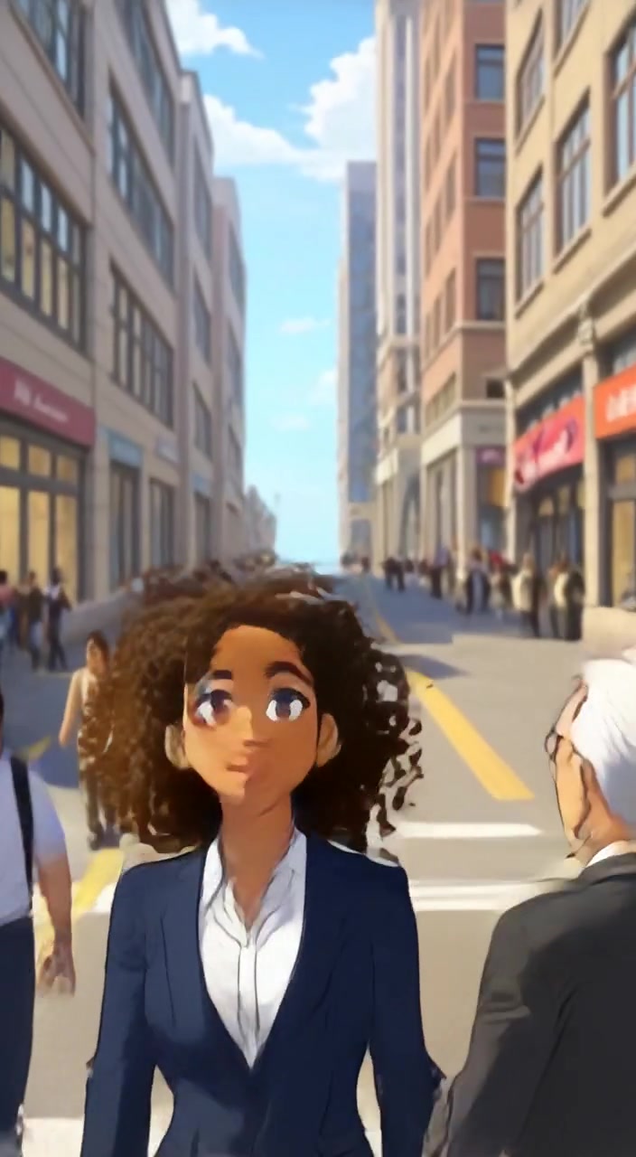 The woman gazes thoughtfully upward as clouds drift slowly past the tall building.