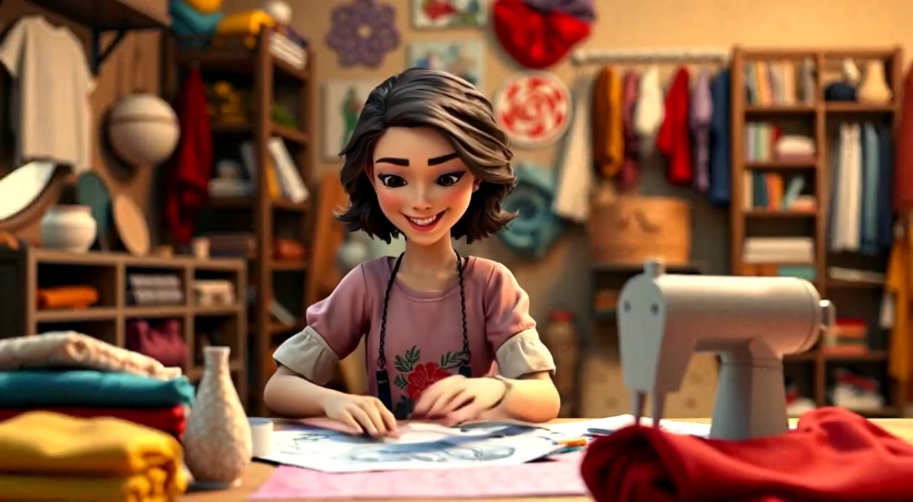 The woman gently folds colorful fabric while smiling at her design sketches on the crafting table.