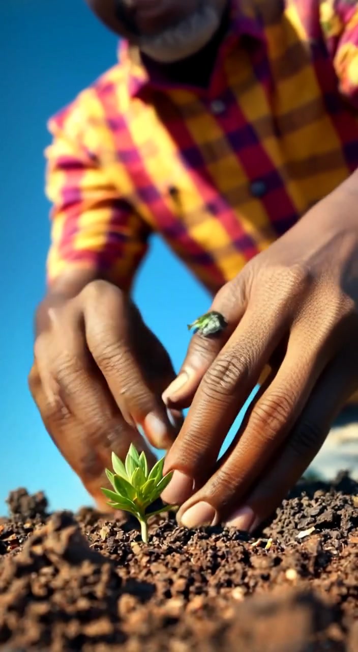 A pair of hands gently sows seeds into rich soil beneath a bright blue sky.