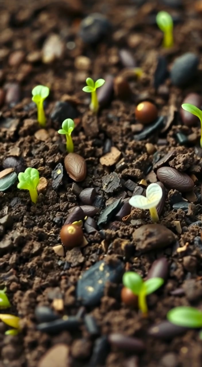 Small green sprouts gently sway as seeds are planted in fertile soil, signaling the start of new growth.
