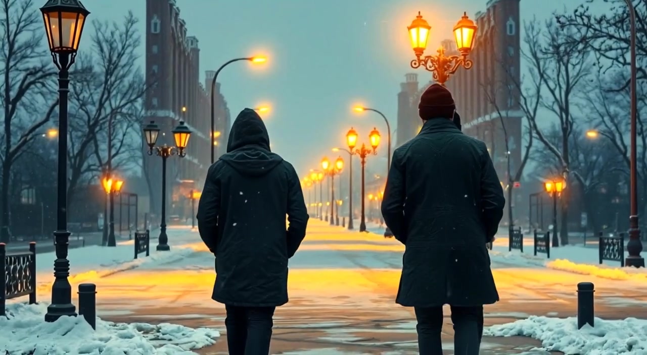Snow gently falls on a quiet street, illuminated by glowing street lamps in the chilly evening atmosphere.