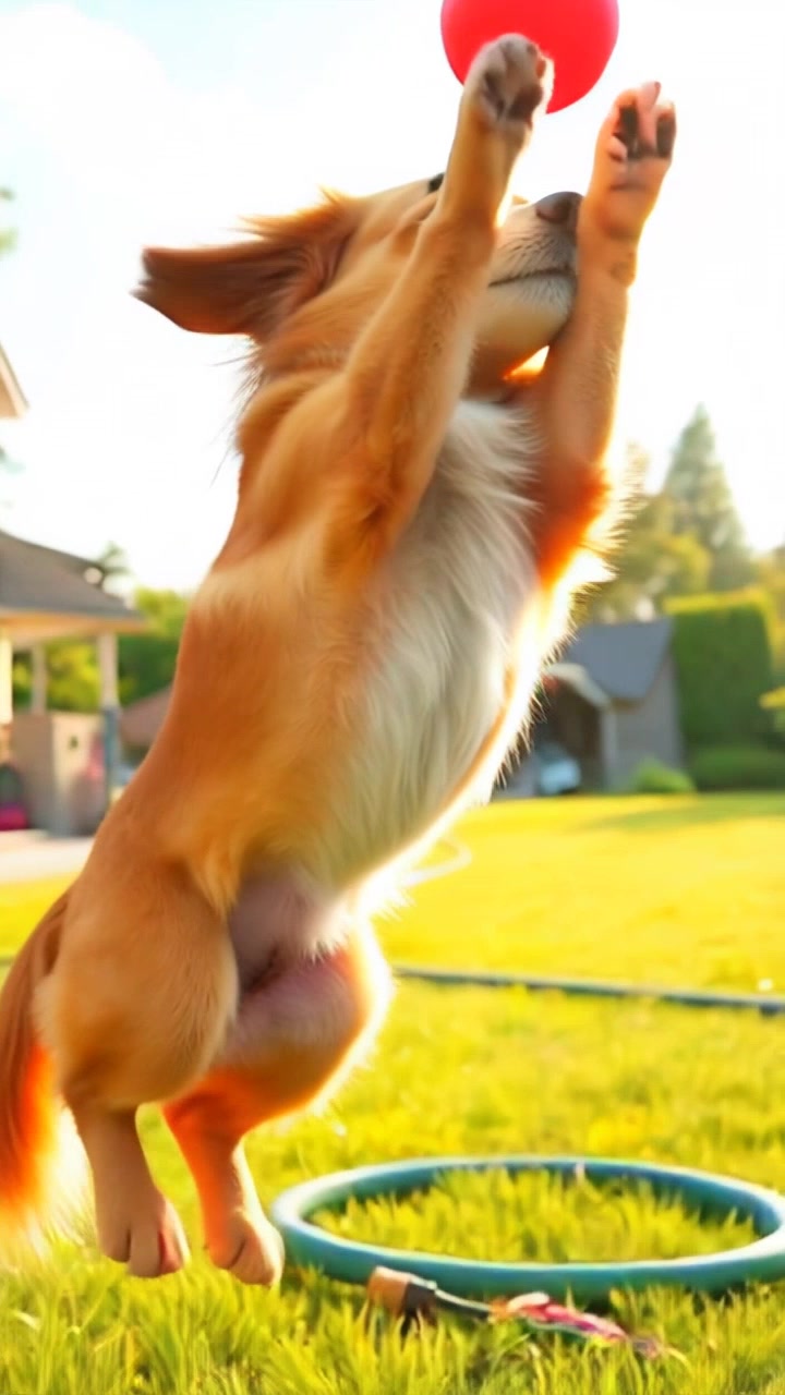 Buddy, a fluffy golden dog, leaps into mid-air to fetch a bright red ball in a grassy field.