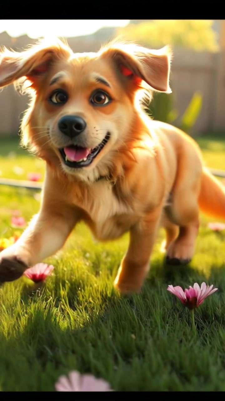 Buddy stumbles on a patch of grass, with a joyful expression on his face, surrounded by flowers.