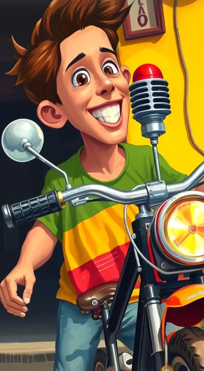 The boy carefully secures the rocket engine to his bicycle, anticipation glowing in his eyes under the afternoon sun.