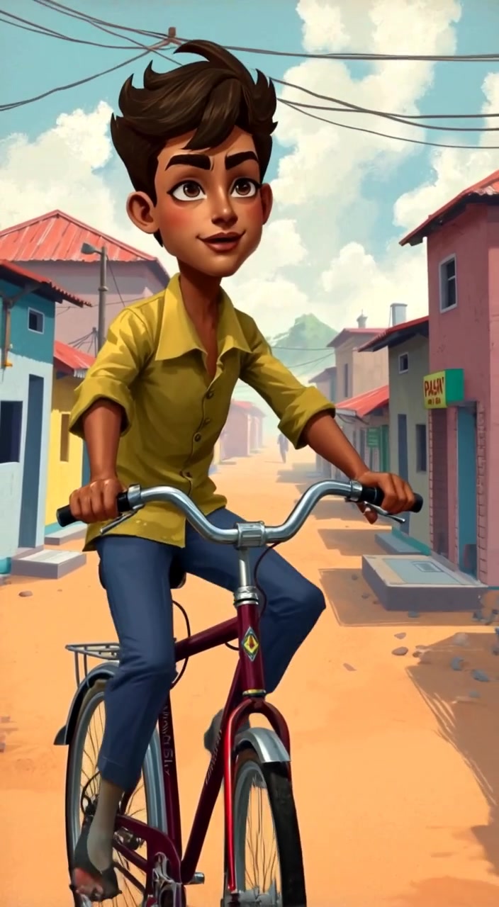 The man rides an old bicycle gently down a dusty street, surrounded by the charm of a small town.