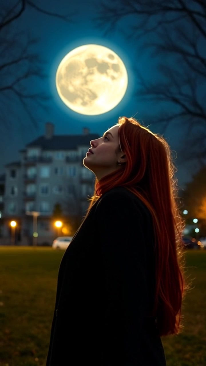 Subject (Build: Lean, Hair: Short and black, Clothing: Casual, Facial features: Expressive, Body posture: Gazing up) + Subject movement (Still) + Scene (Park at night with full moon and stars above) + Camera Language (Slow zoom out) + Lighting (Moonlight) + Atmosphere (Mysterious)
