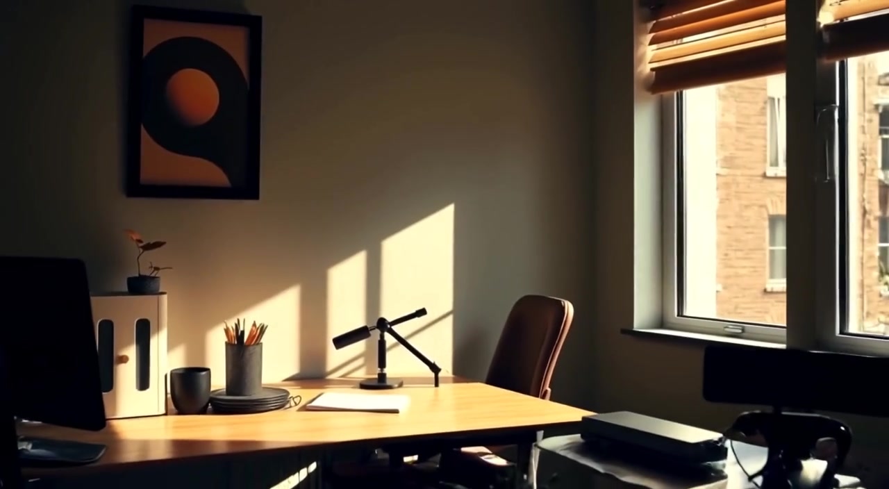 Sunlight gently shifts across the desk, illuminating the potted plant and desk organizer in the serene office space.