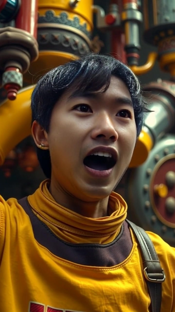 Subject: Budi, appearing overwhelmed and gasping for air, his shocked expression conveying a moment of intense emotion. Scene: A close-up shot capturing Budi in a bright, yet slightly chaotic environment with blurred outlines of people in the background, suggesting an energetic atmosphere. Motion: Camera begins with a tight focus on Budi's face, then slowly pulls back to reveal the bustling scene around him, emphasizing his emotional reaction amidst the lively chaos. Lighting: Bright and vibrant, casting dynamic highlights, enhancing the intensity of the moment.