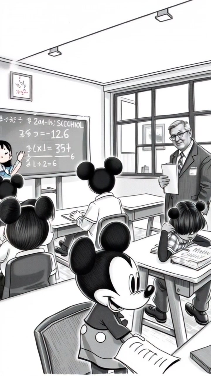 Children eagerly raise their hands at their desks, excitedly answering math problems on the chalkboard. The camera glides smoothly through the classroom, capturing the bright sunny day filtering through the large windows, emphasizing the vibrant educational atmosphere. Push in for dramatic close-ups of the kids' expressions and the intricate math equations on the board.