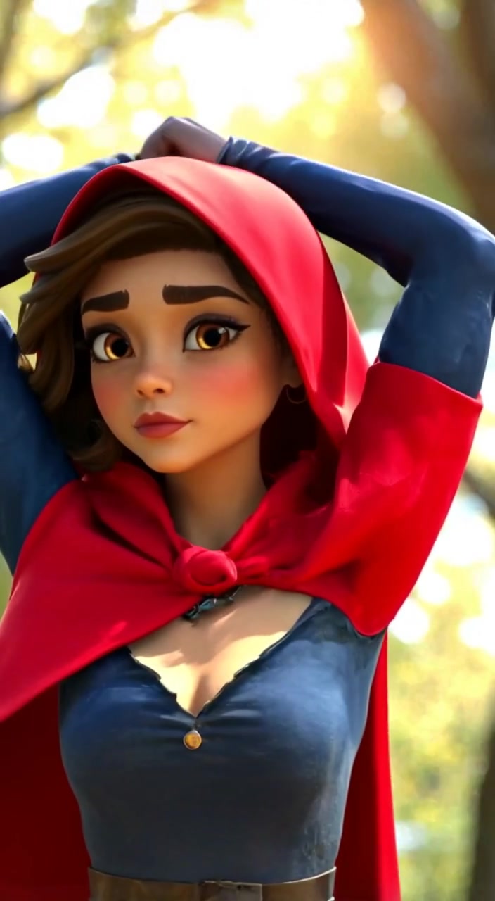 The woman gently adjusts her red cloak hood as sunlight filters softly through the trees.