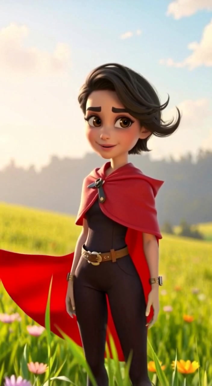 The woman gently glances towards the forest as a soft breeze sways her red cloak.