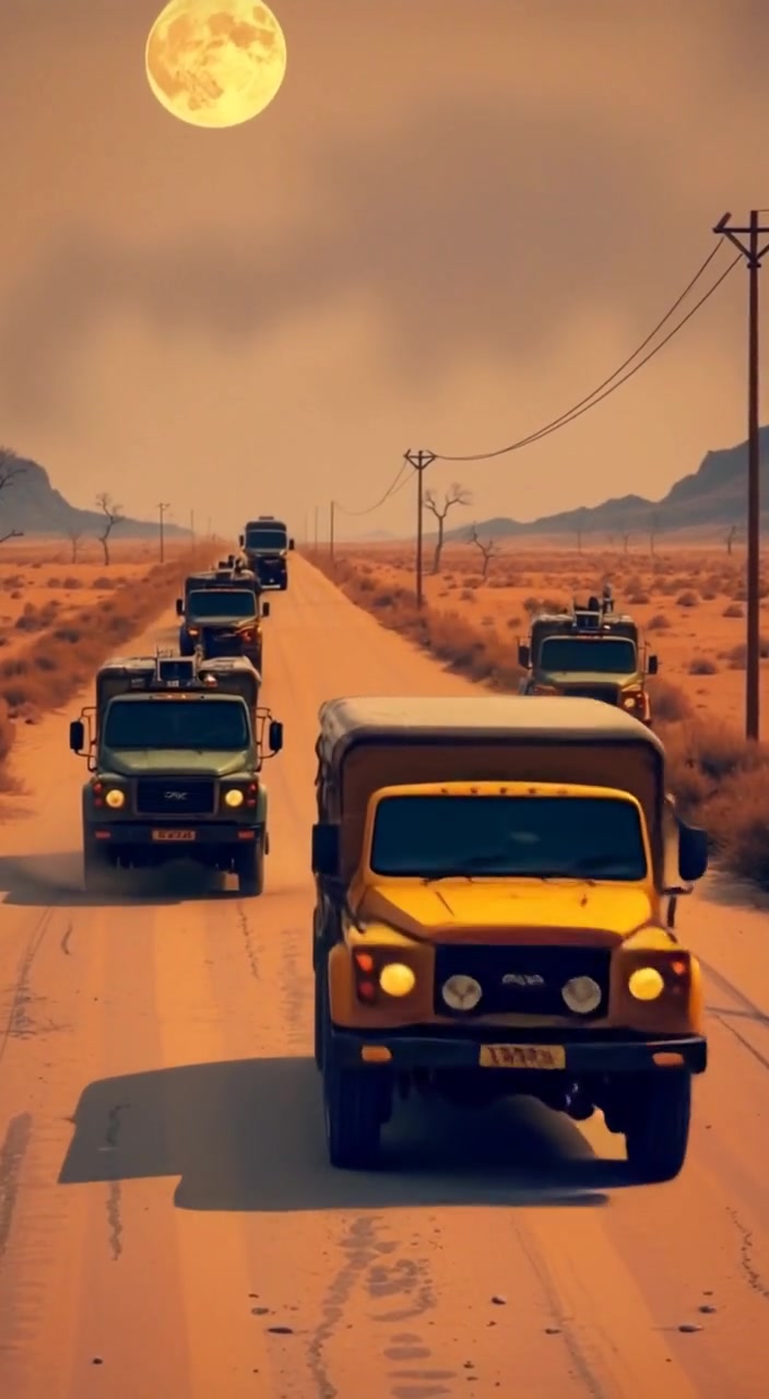 A military convoy of trucks drives steadily down a dusty road, kicking up clouds of dust in the barren landscape.