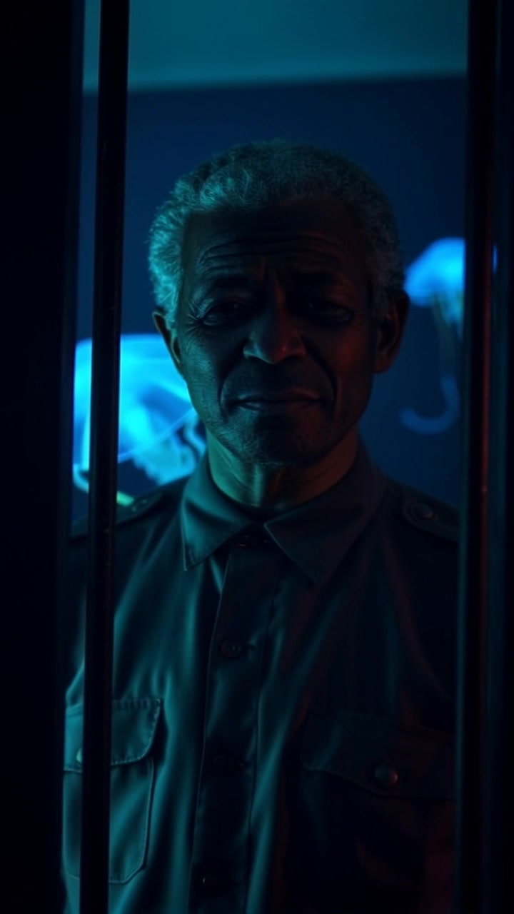Nelson Mandela, in a prison uniform, stands inside a dimly lit cell as iron bars close.