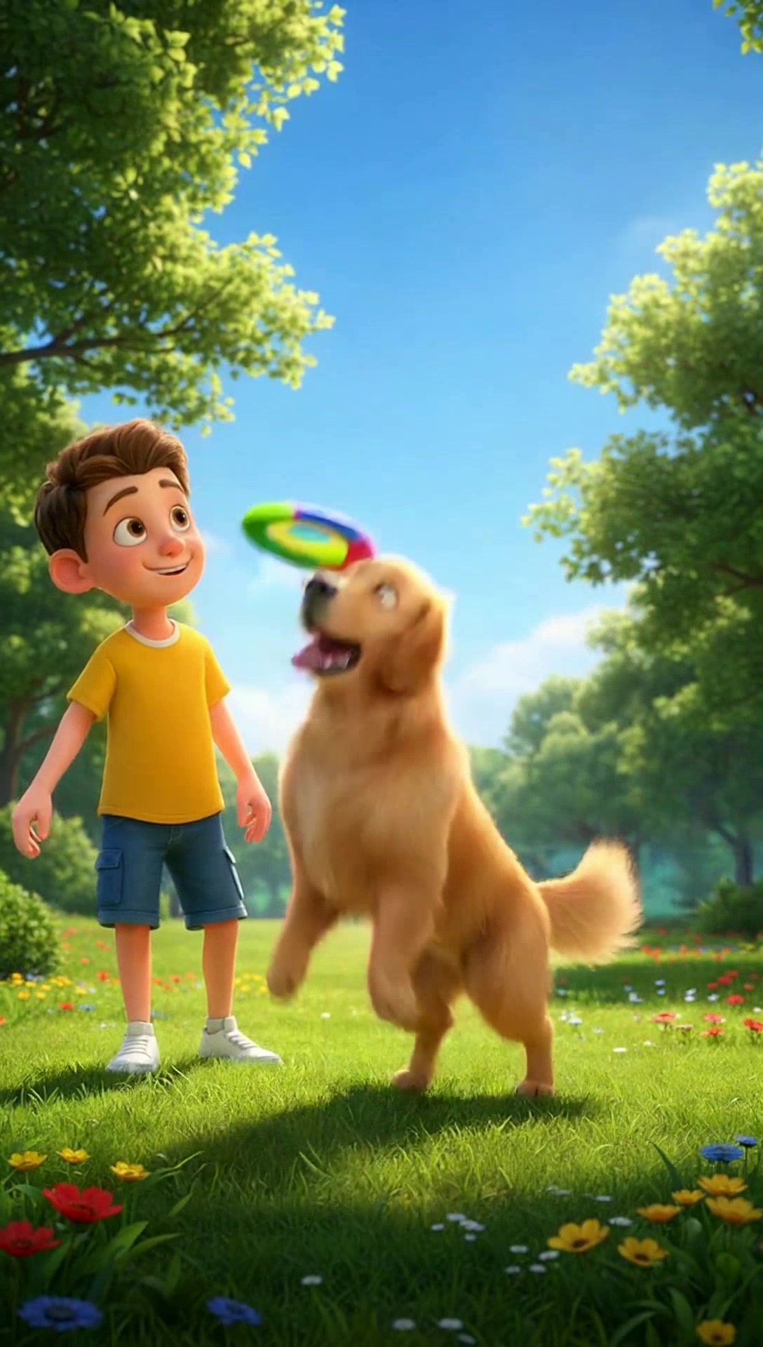 3D Cartoon Child and Dog Playtime