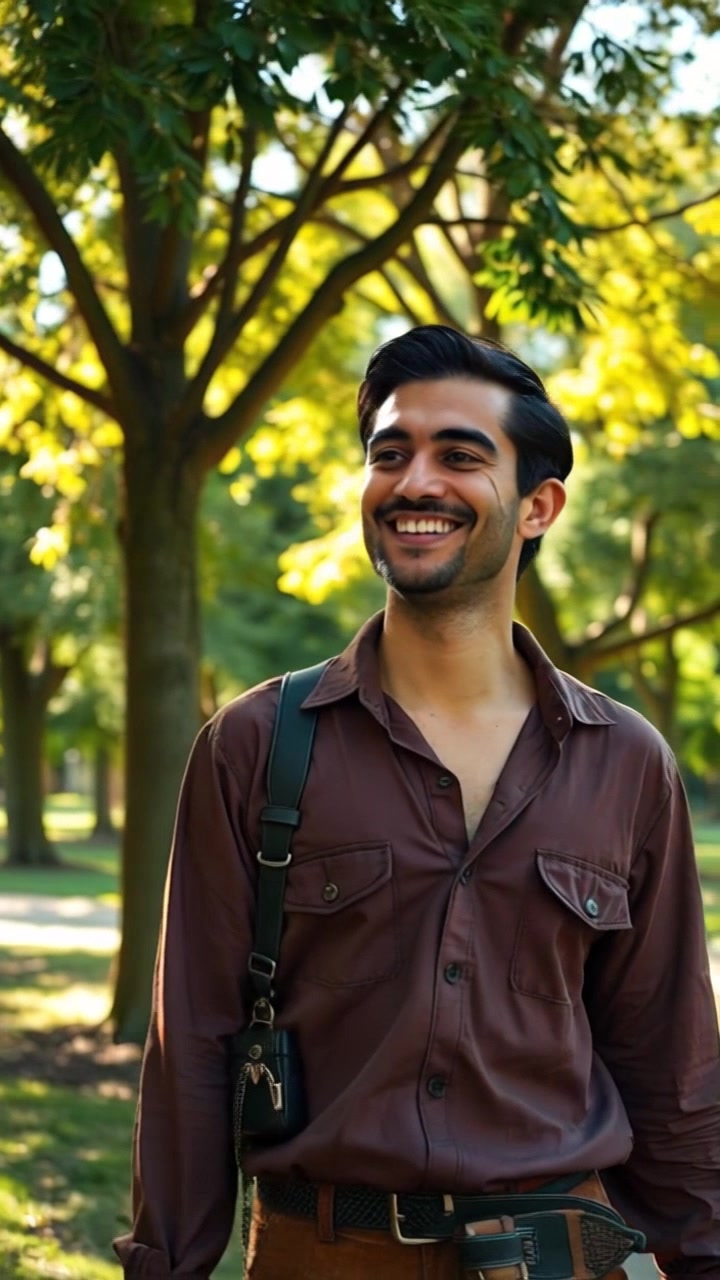 Amir, with a broad smile, strolls through a sunlit park surrounded by lush green trees. Slowly pan around Amir as he walks, capturing the serene atmosphere and showcasing the beauty of the natural surroundings. Soft, diffused lighting enhances the warmth and tranquility of the scene.