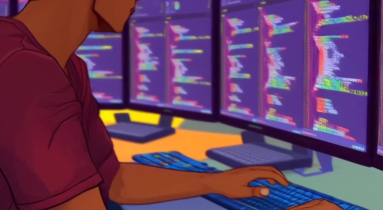 The person gently types on the keyboard, eyes fixed on the code flowing across multiple monitors.