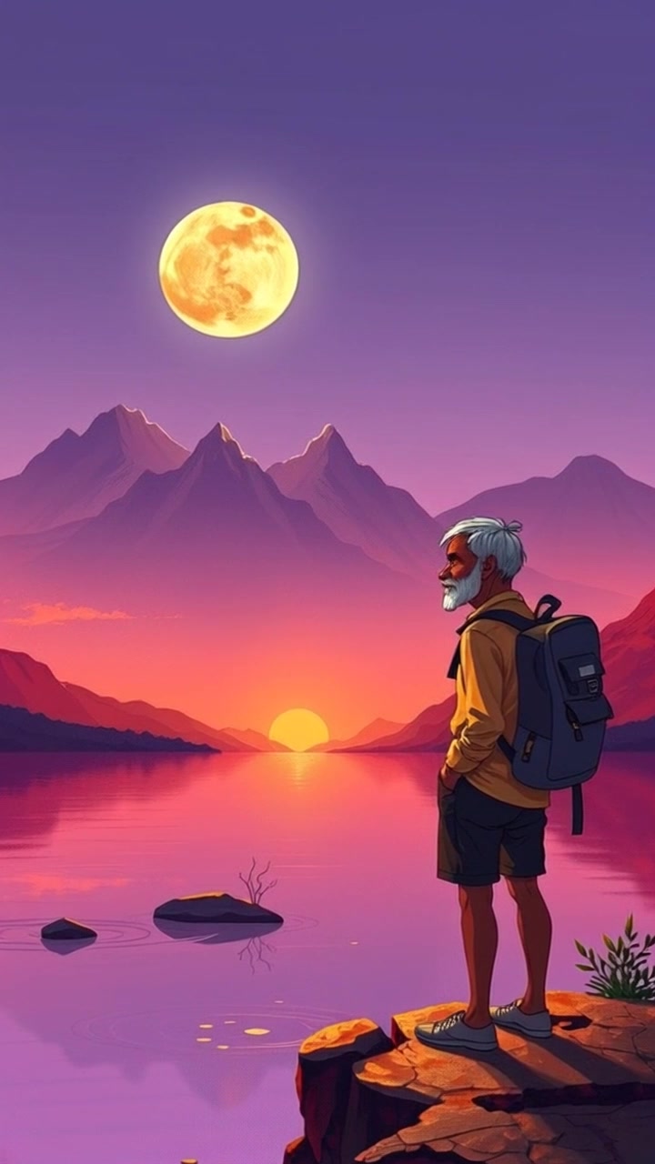 Subject: A traveler standing at the edge of a serene lake. Subject movement: The traveler shifts their weight slightly, gazing thoughtfully at the mountains in the distance. Scene: A tranquil lakeside setting with soft ripples on the water, surrounded by majestic mountains. Style: Morning light gently illuminating the landscape, casting soft reflections on the lake's surface. Motion: The camera slowly pushes in toward the traveler, capturing their contemplative expression while revealing the stunning mountain range in the background.