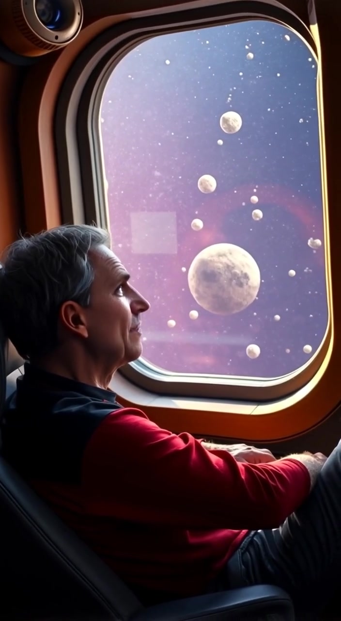 The man gazes out the window, pondering the distant asteroid field floating silently in the cosmic expanse.