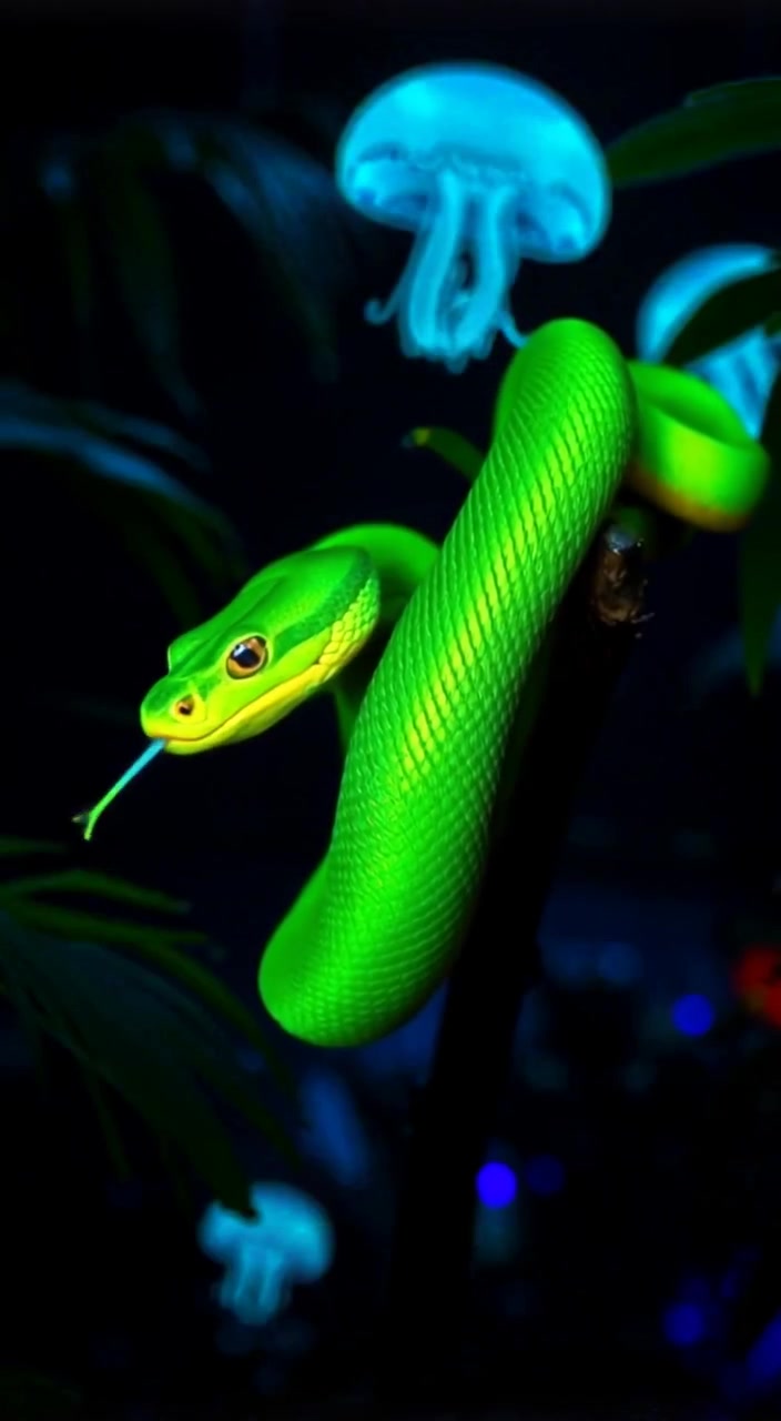 The snake gently flicks its tongue while observing its surroundings in the lush jungle.