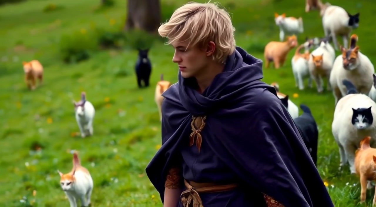 The messenger stands still, cloak fluttering gently in the wind, scanning the pasture for any signs of life.
