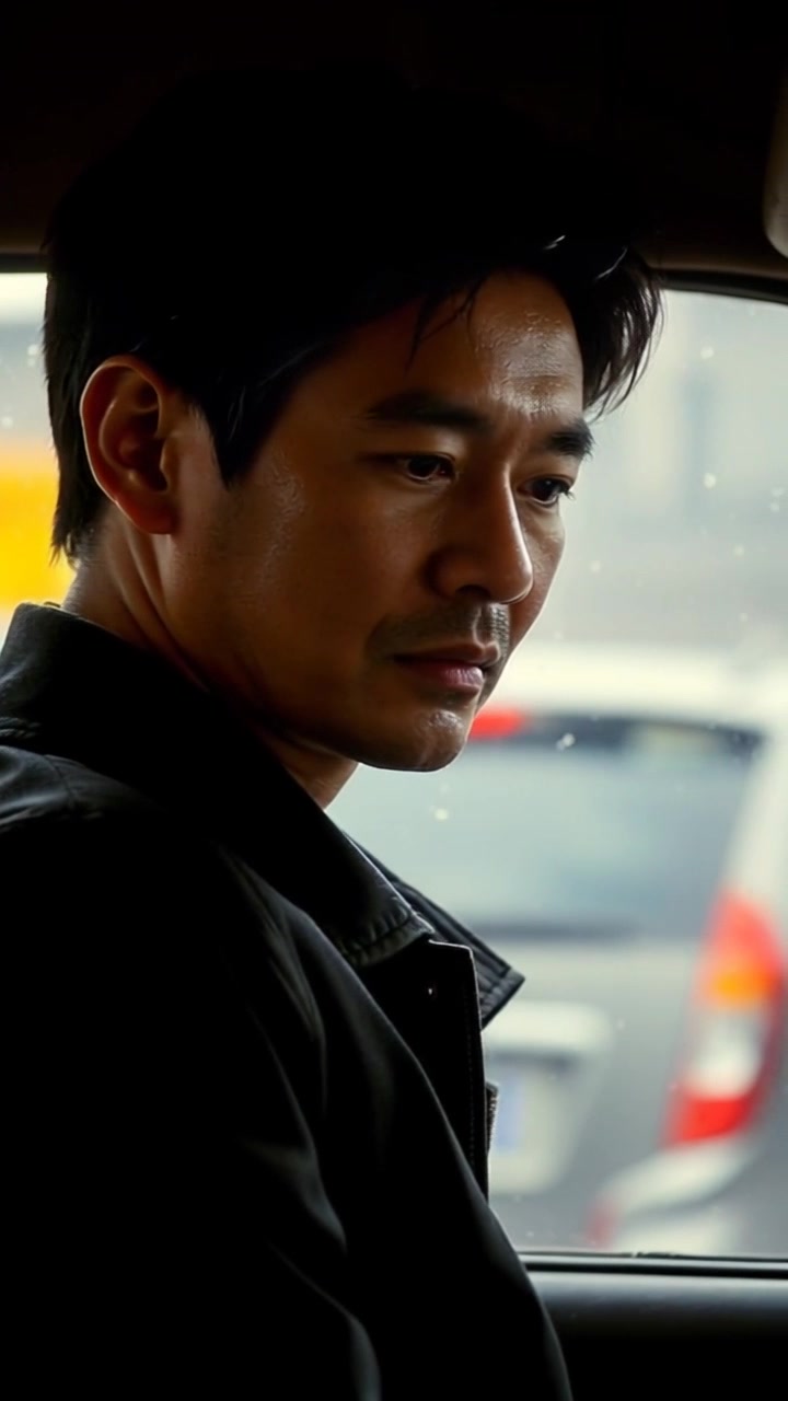 Subject: A focused man checking on a passenger in a rain-soaked environment. Subject movement: His eyes scan carefully, showing concern and attentiveness. Scene: Inside a vehicle, rain pattering against the windows, droplets streaming down and creating a blurred view of the outside. Style: Soft ambient light filtering through the gray, rainy atmosphere, enhancing the mood of attention and care. Motion: Camera gently pushes in for a close-up on his face, capturing the intensity of his expression as the world outside fades into a rainy blur.