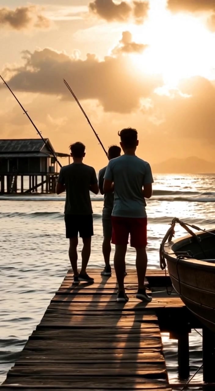 A scenic view of three friends standing on a pier, casting their fishing lines into the sea.