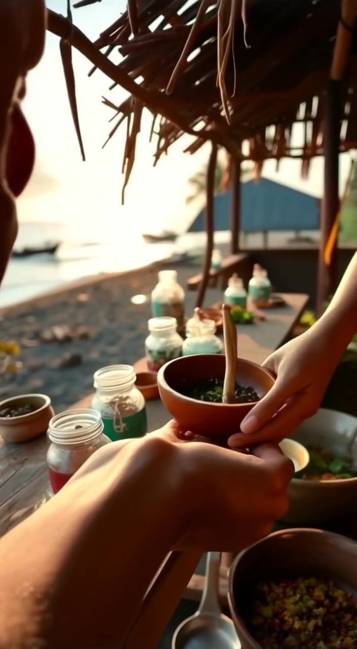 A close-up of Cinta’s hands stirring aromatic herbs in a small bowl.