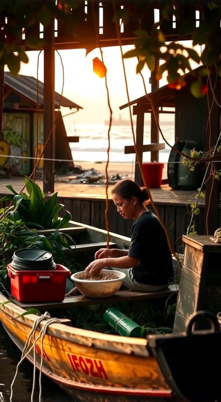Cinta in a small boat, mixing bait ingredients surrounded by lush greenery.