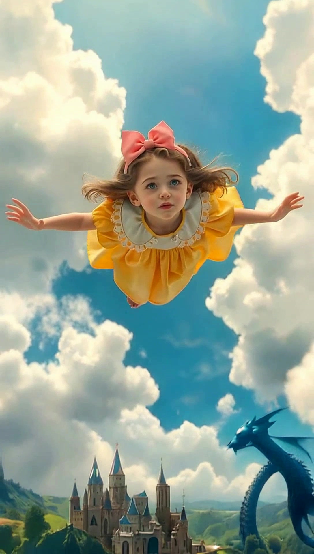 A Girl in Red Descends from Clouds