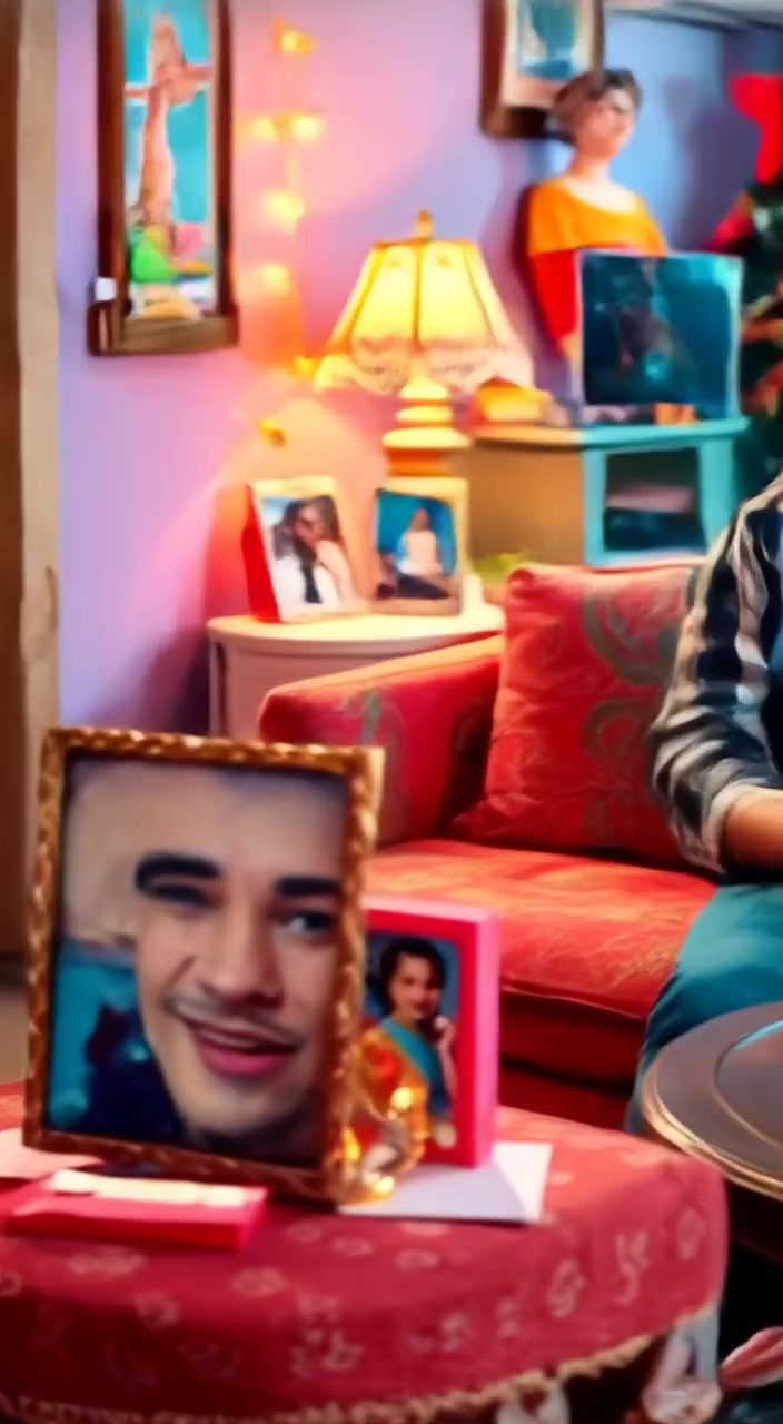 The Man laughing loudly in a cozy living room, surrounded by family photos and a colorful couch.